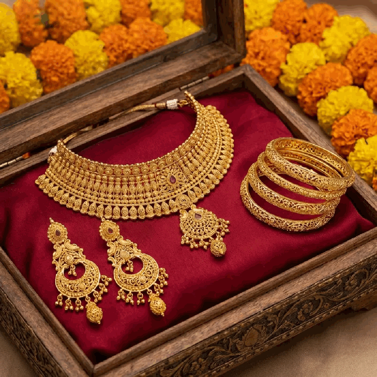Intricate Indian bridal jewelry set with gold necklace and bangles