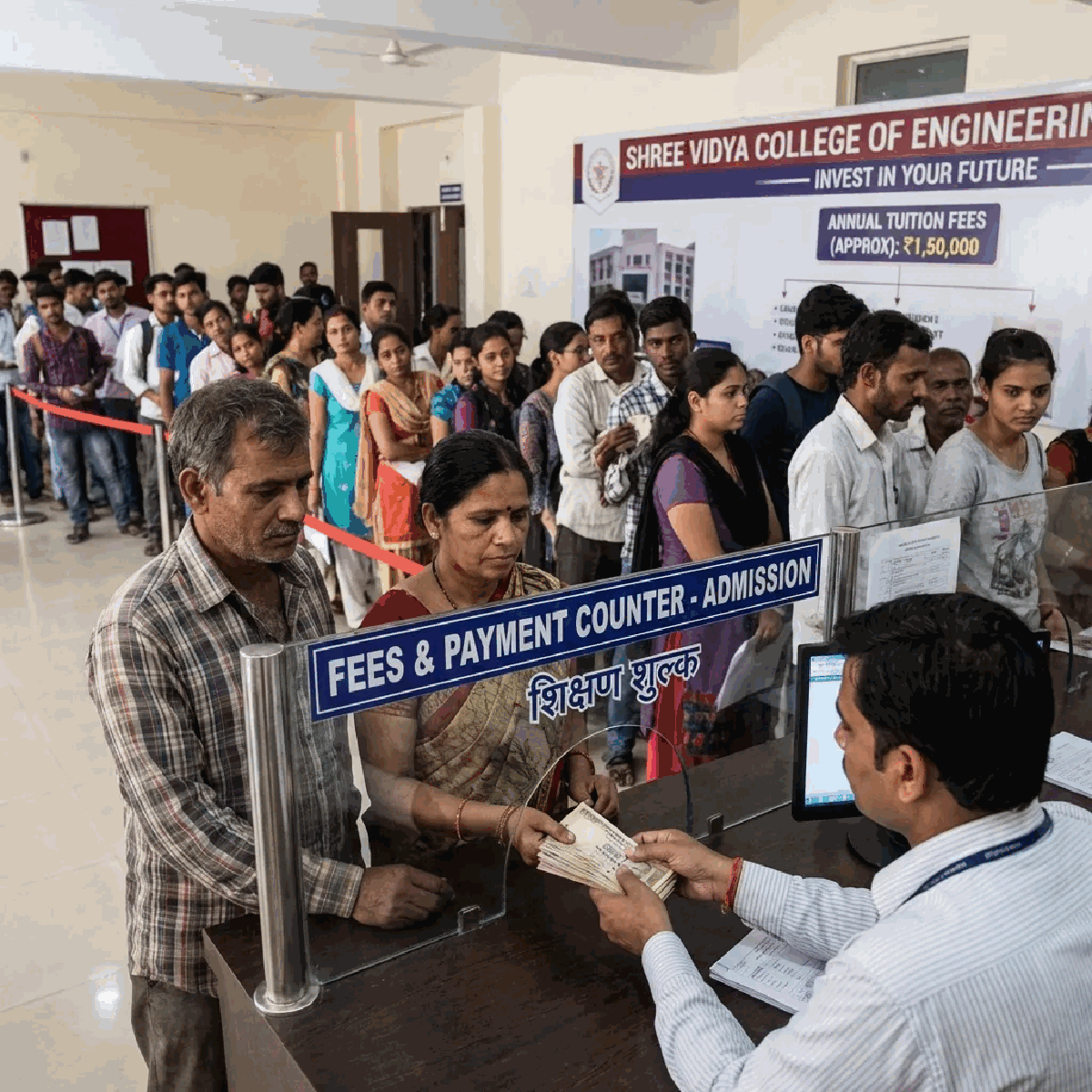 Indian parent paying school fees at a college admission counter