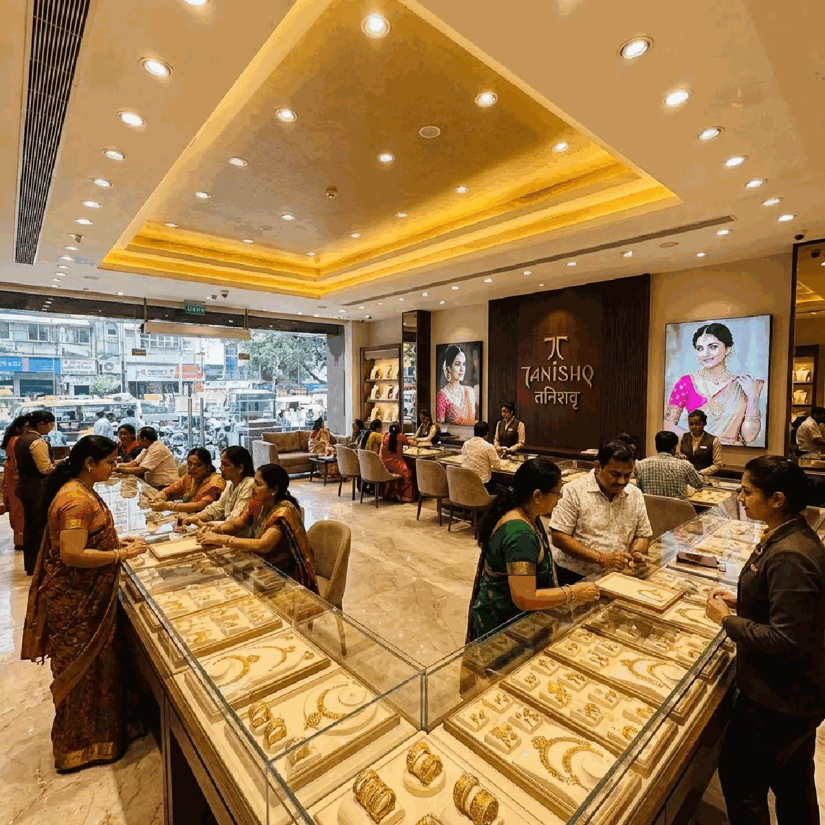 Traditional Indian gold jewelry shop with display cases