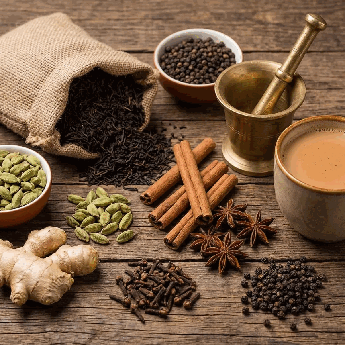 Chai ingredients - tea leaves, cardamom, ginger, spices